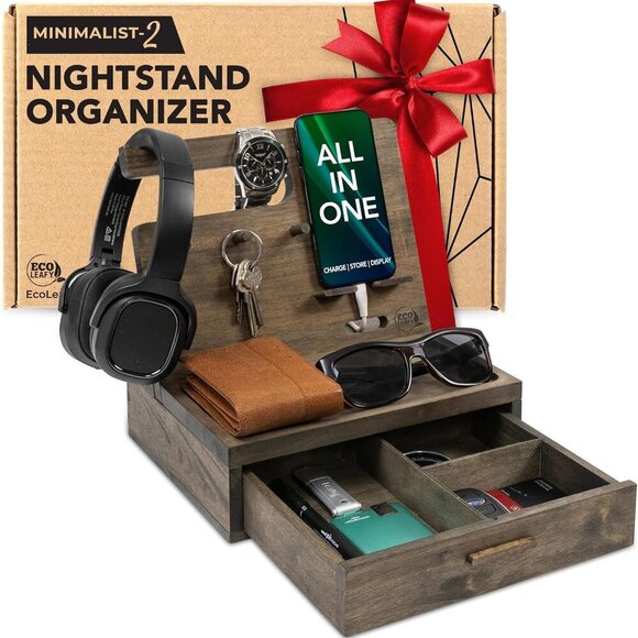 Other - Nightstand Organizer for Men- Rustic Bedside Table Organizer with Drawer for Cel